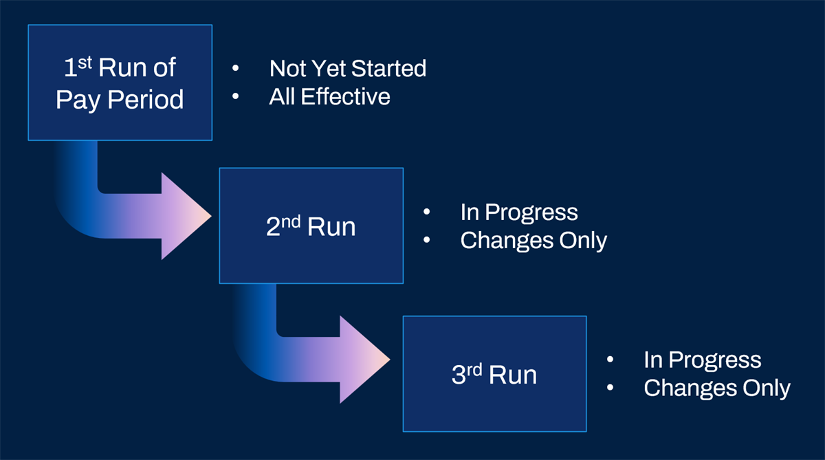 A flowchart illustrates the sequence of pay period runs, moving from an initial full run to subsequent runs that capture changes only.