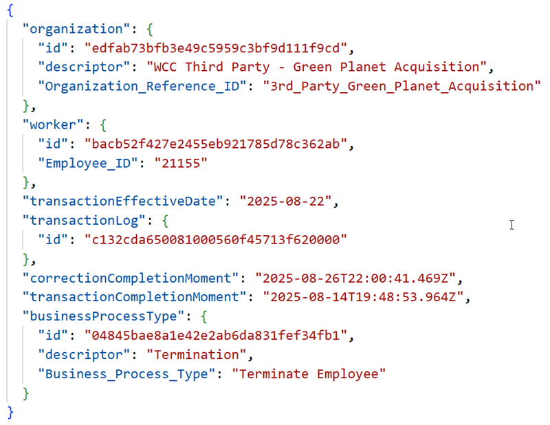 A JSON code snippet details a terminate employee business process event body containing worker ID 21155 and transaction dates.