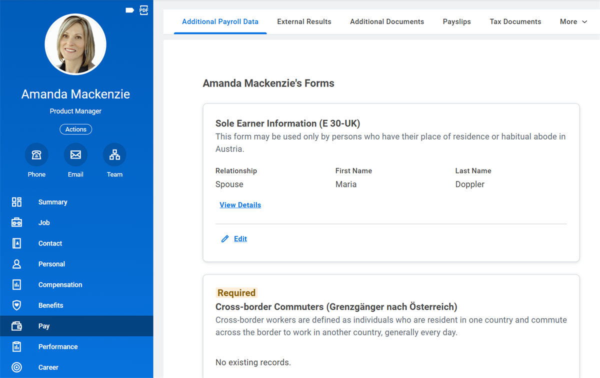 Screenshot of Amanda Mackenzie's Workday profile displays the Additional Payroll Data tab with forms for sole earner and cross-border commuter records.