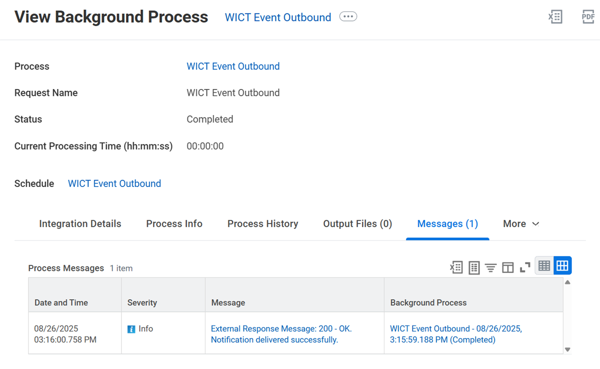 Screenshot of the View Background Process screen shows a completed outbound event status and a successful notification delivery message.