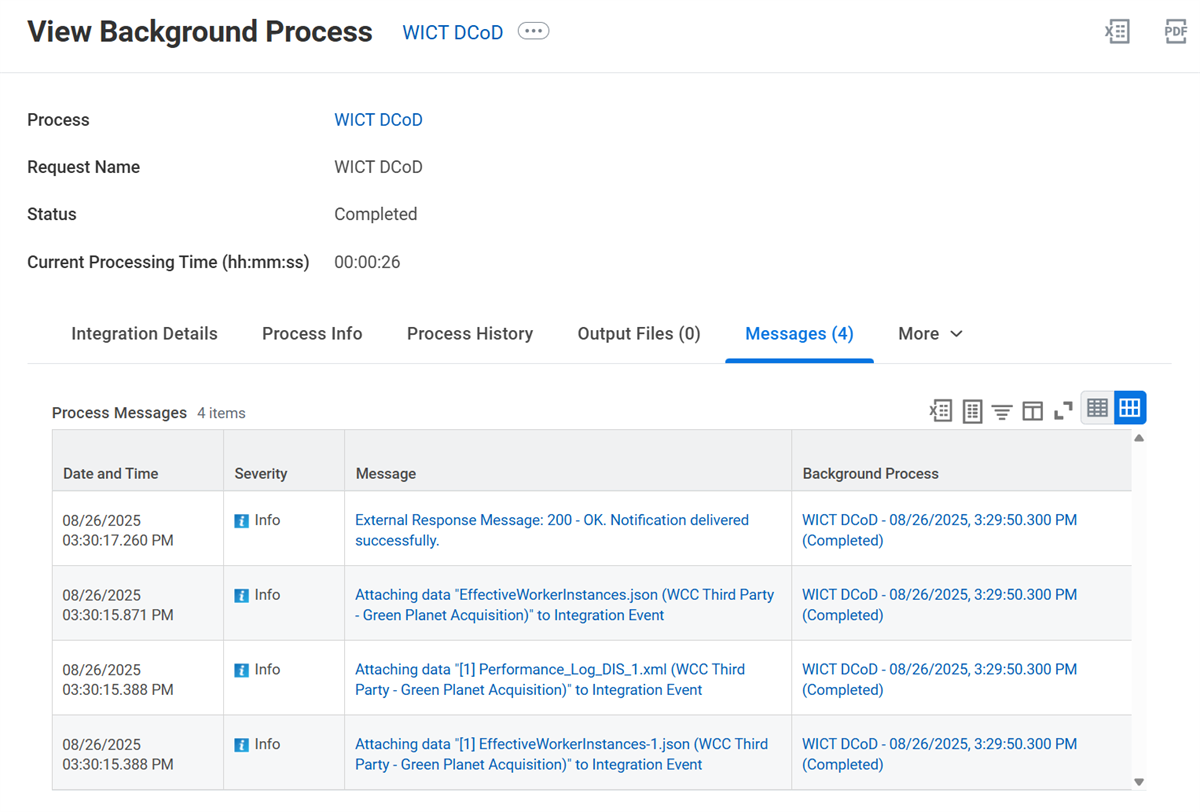 Screenshot of the View Background Process page for a DCoD integration event. The Messages tab is selected and contains four messages with output files and a 200 - OK response from the vendor.