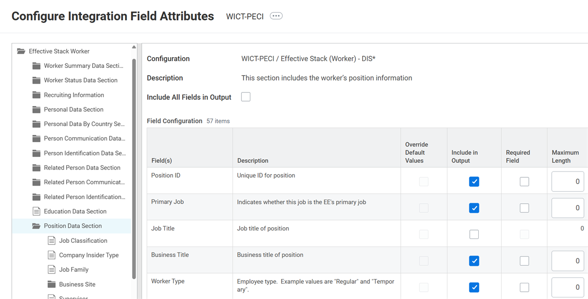 Screenshot of PECI Position Data Section fields and subsections.