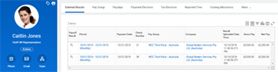 Screenshot of an employee profile page displays the External Results tab with a table listing past payroll run entries and amounts.