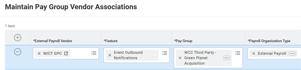 Screenshot of the "Maintain Pay Group Vendor Associations" screen maps an external payroll vendor and notification feature to a specific pay group.