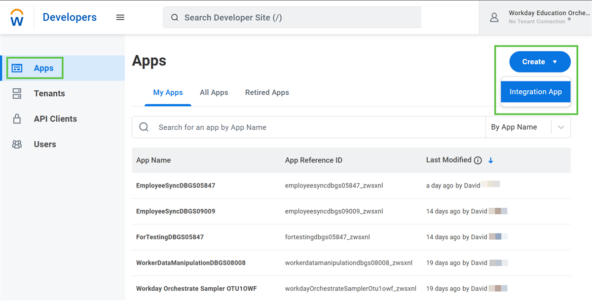 This picture depicts one of the options to create an app - using the Create button on the App Home page.