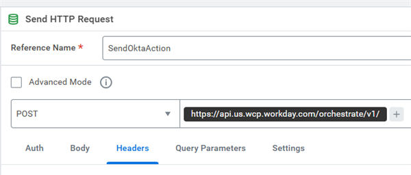 The same Send HTTP Request step, this time on the Headers tab where you will put items like Content-Type or API-specific headers.