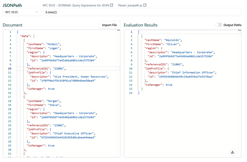 Displaying JSONPath Online Evaluator with the $,data[2] expression, displaying worker 3 only. JSON is zero-based.