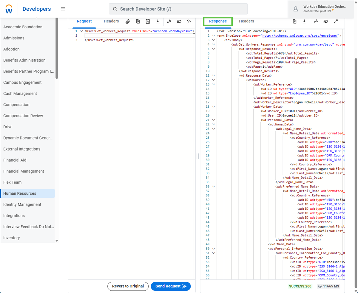 Still in the SOAP API Explorer, we see a modified request, basically asking for everything, and the response showing we have 670 workers.