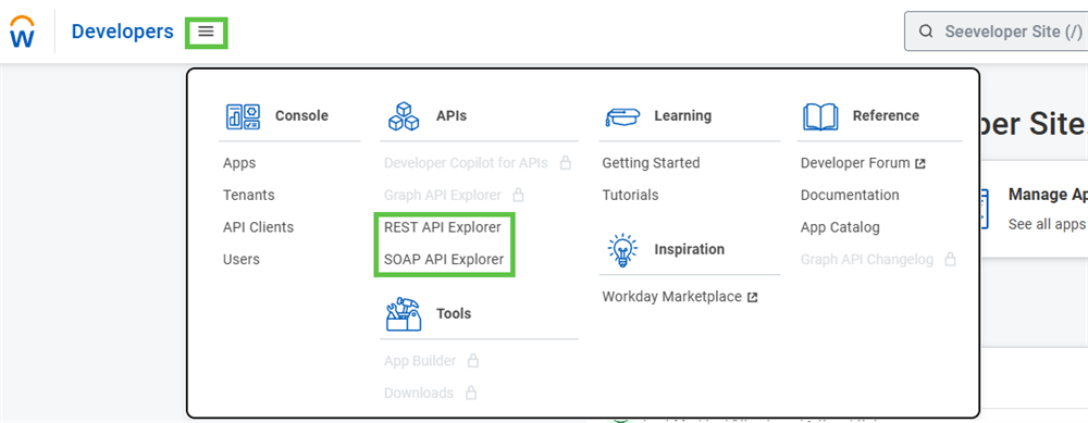 This picture highlights the APIs area of the main menu of the Developer Site. Here, you can access the REST and SOAP API Explorers.