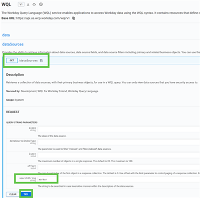 Executing an API call that uses the searchString "worker" to find any datasource with worker in the alias.