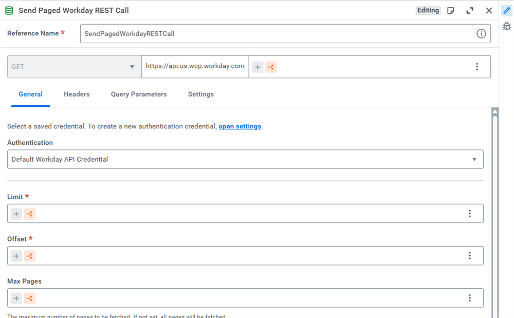 Configuring a Send Paged Workday REST Call step.