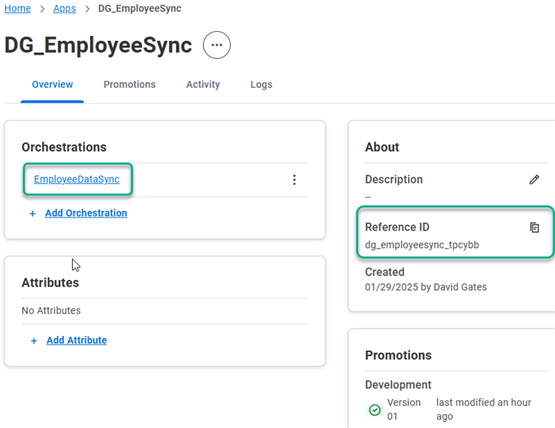 The App Home page showing where to find your orchestration names and the application reference ID.