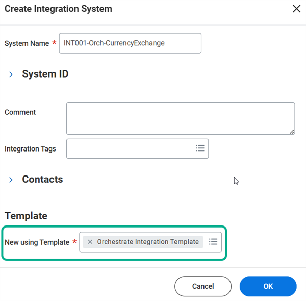 Creating the "starter" integration system which must use the Orchestrate Integration Template.
