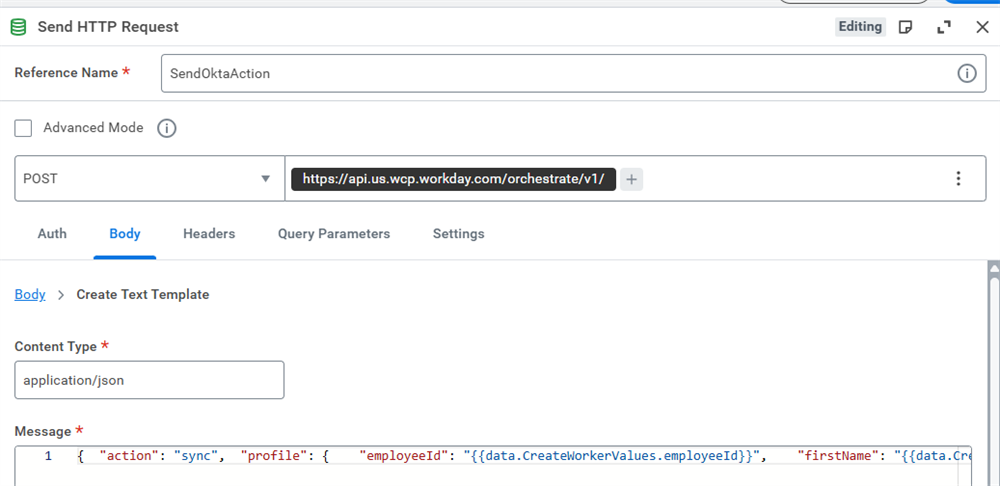 The same Send HTTP Request step as seen before, but this time on the Body tab showing the request object.