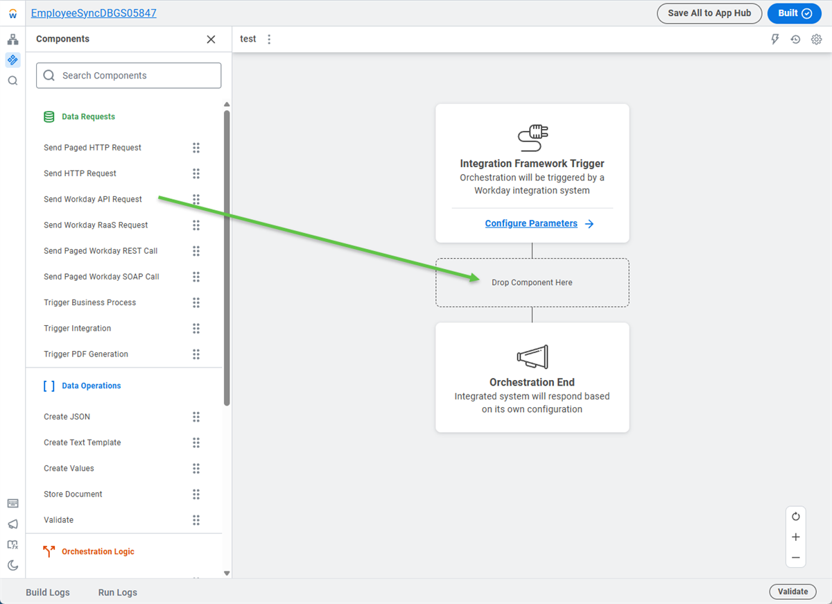 Dragging your first component over to the canvas of your new orchestration.