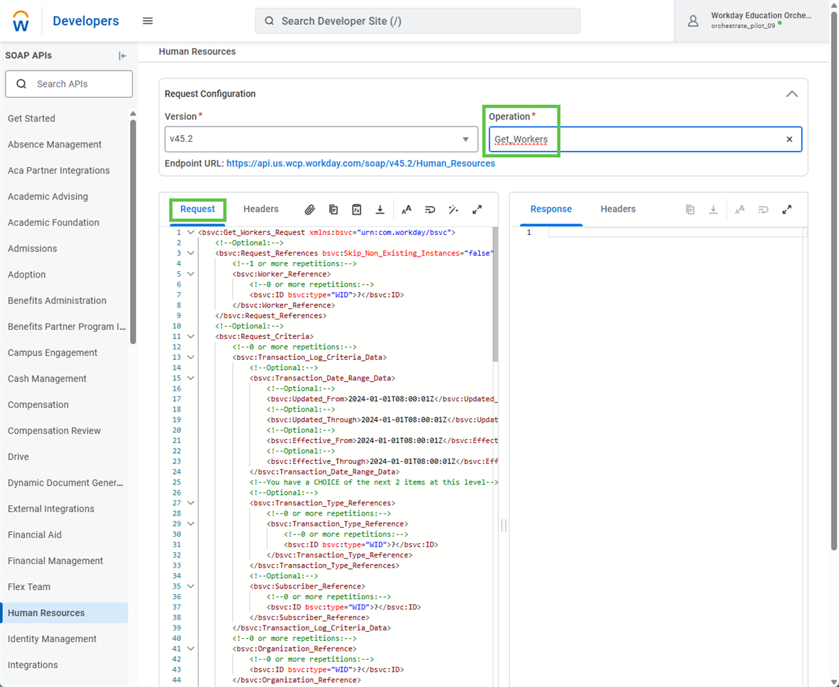 Another sample in SOAP API Explorer. This is Get_Workers. This really only shows the default request that the tool provides. You will have to edit it down to the needed elements before you send the request.