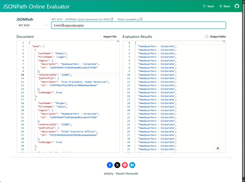 Taking what JSON Path Finder just taught me, I used that back in JSONPath Online Evaluator, making slight changes, to extract a list of all of the region descriptors in the file.