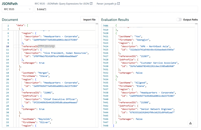 Displaying JSONPath Online Evaluator with the $,data[*] expression, displaying all of the source document data.
