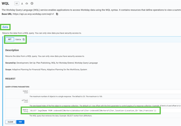 Testing a WQL statement in the REST API Explorer.