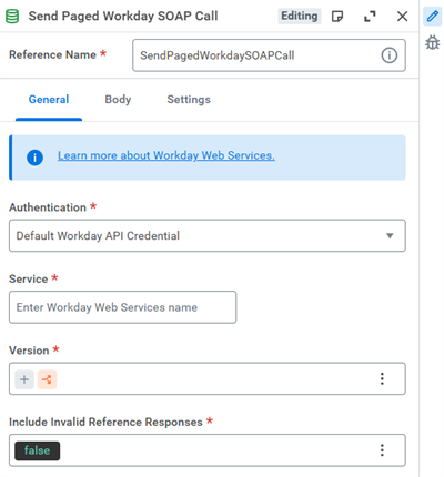 Configuring a Send Paged Workday SOAP Call step.