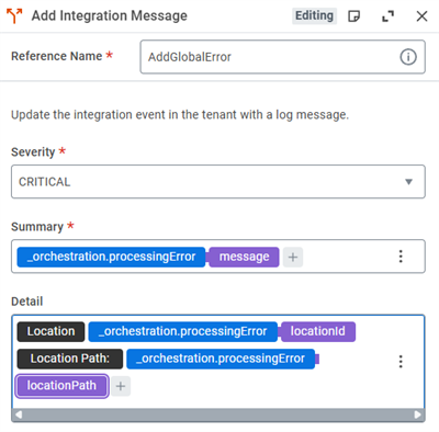 Configuring an add integration message step for the global error handler.