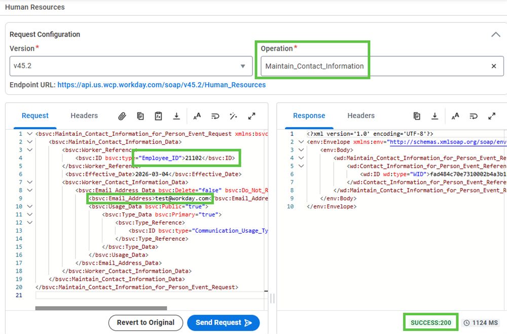 A sample REQUEST-RESPONSE for the Maintain_Contact_Information WWS. Shows how to update an email address. And a successful response.