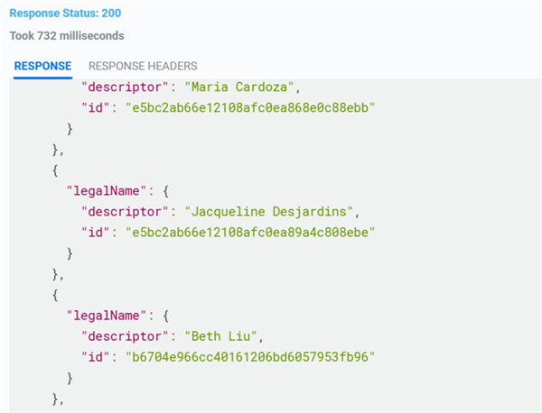 A JSON response shows a successful status 200 and data objects containing name descriptors and unique ID strings for three users.