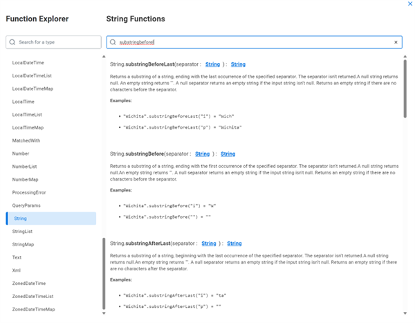 Displaying the Function Explorer. This is the view if you select the Function Library icon. It does not have the option to add the function to your expression.