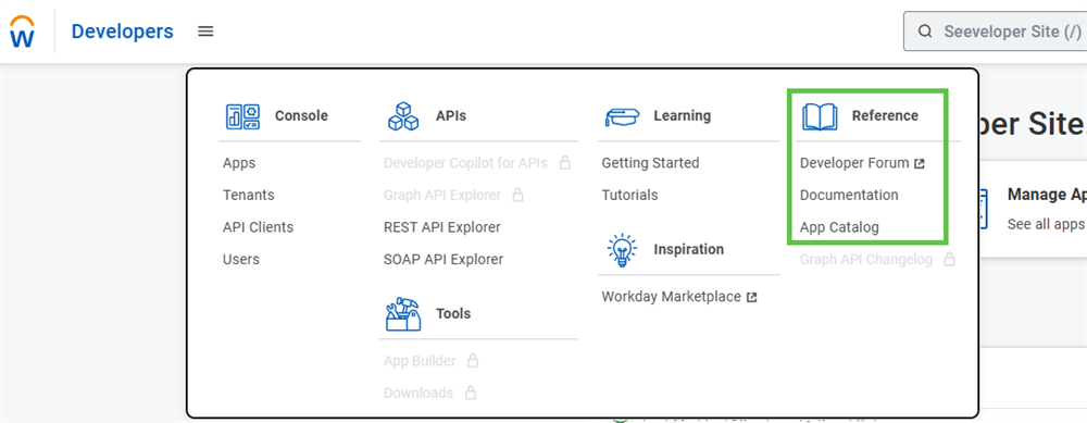 This picture highlights the Reference area of the main menu of the Developer Site. Here, you can access the Developer Forum, the Documentation, and the App Catalog.