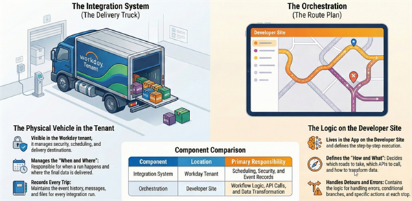 This is an image depicting the differences between the integration system and the orchestration. Basically, the integration system connects to Workday and manages the data and decides where to send the data. The orchestration sets the route for the data and drives the logic that happens.