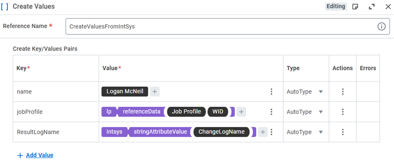 A complete look at a Create Values step configuration.