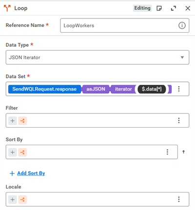 The WQL response is JSON data. The Data Type property is set to JSON Iterator and the Data Set property is getting the response from the WQL API call - and will be looping through all of that data.