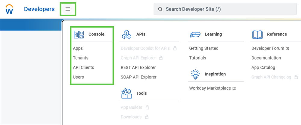This picture highlights the Console area of the main menu of the Developer Site. Here, you can manage Apps, Tenants, etc.