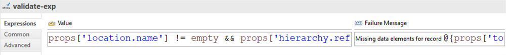 The validate-exp properties panel displays an MVEL conditional expression value alongside its corresponding data validation failure message.