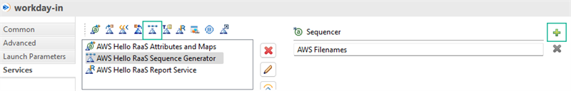The workday-in Services configuration view selects the AWS Hello RaaS Sequence Generator and links it to the AWS Filenames sequencer.