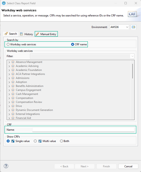 The Select Class Report Field wizard highlights options for a manual entry lookup using a specific CRF name.