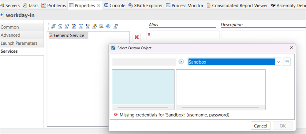 The Select Custom Object dialog overlays the Services panel and displays a missing credentials error for the selected Sandbox environment.