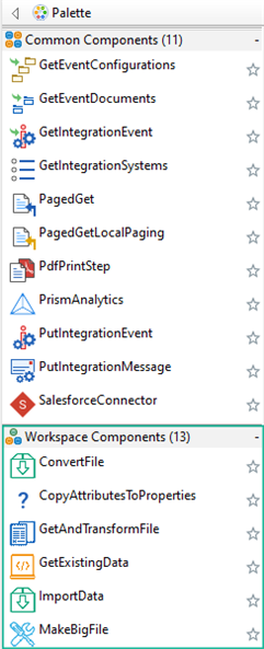 The Palette menu displays studio components and highlights the custom Workspace Components section.