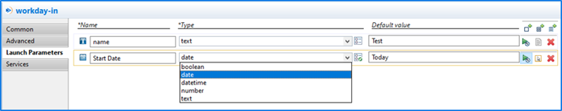 The workday-in Launch Parameters configuration panel shows a data type dropdown menu active for the Start Date launch parameter entry.