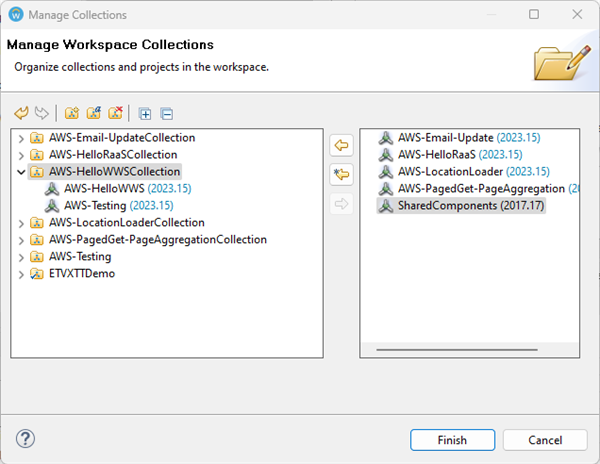 The Manage Workspace Collections wizard organizes projects into folders like AWS-HelloWWSCollection using transfer arrow buttons.