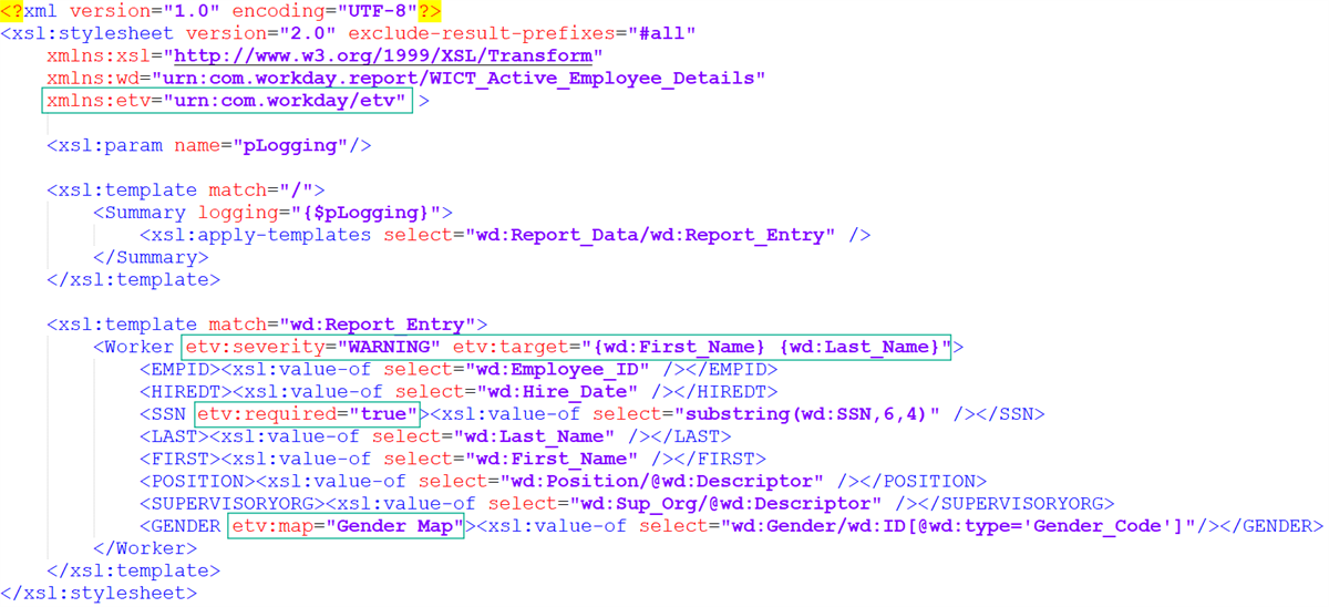 An XSLT stylesheet declares the etv namespace and configures validation attributes like severity, required, and map on worker elements.
