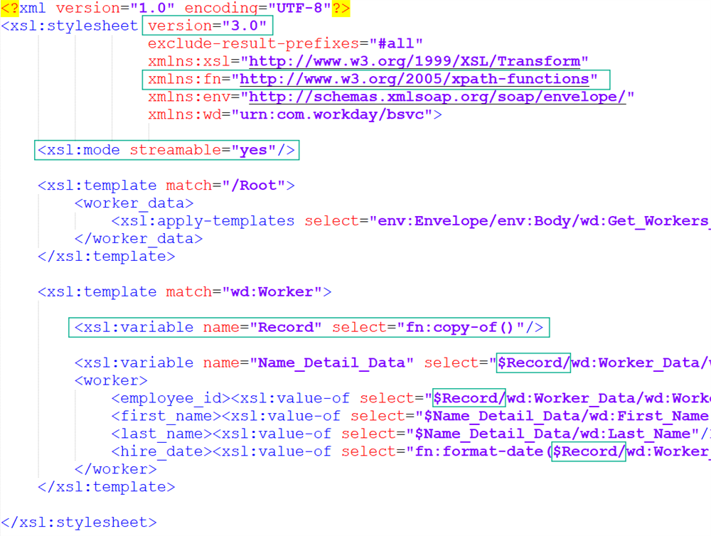 XSLT 3.0 source code configures a streamable processing mode and extracts worker node elements using a copy-of variable function.