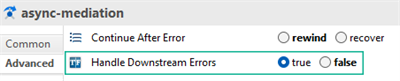 The async-mediation Advanced properties panel highlights the Handle Downstream Errors option set to true via a radio button.
