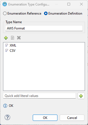 The Enumeration Type Configuration dialog defines the AWS Format type with XML and CSV literal values.
