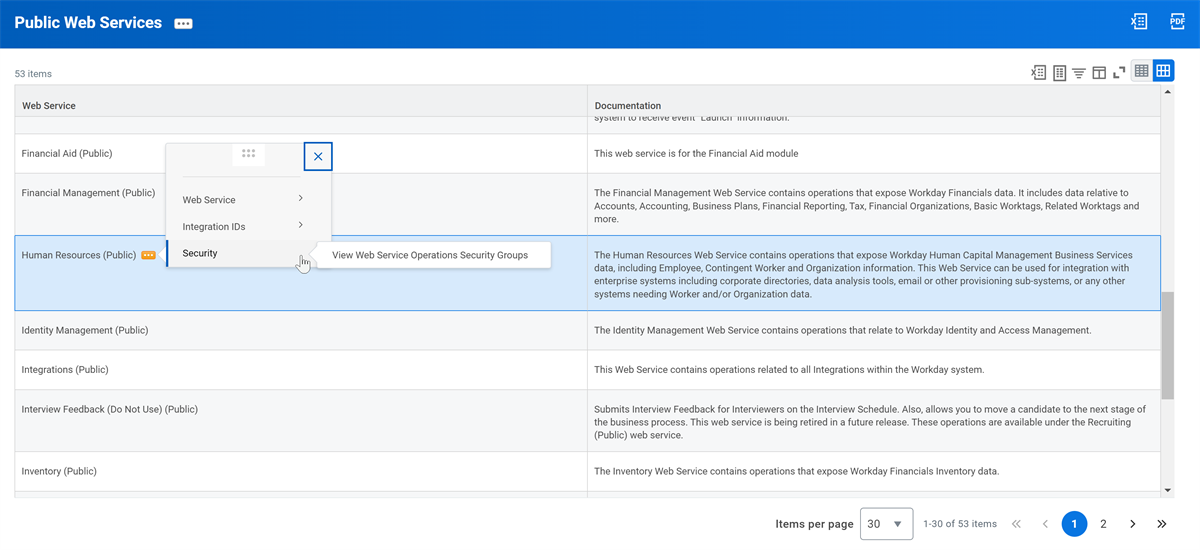 Screenshot of the Public Web Services grid, Related Actions of the Human Resources row, Security, View Web Service Operations Security Groups.