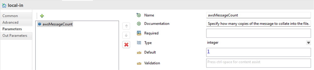 The local-in Parameters panel configures the awsMessageCount integer parameter with a default value of 1.