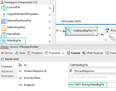 The local-out properties panel defines the CallMakeBigFile step and highlights the VM endpoint in a green rectangle.