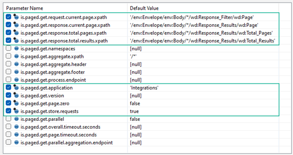 A properties table lists parameters and default values, highlighting several checked entries like page xpaths and integration settings.