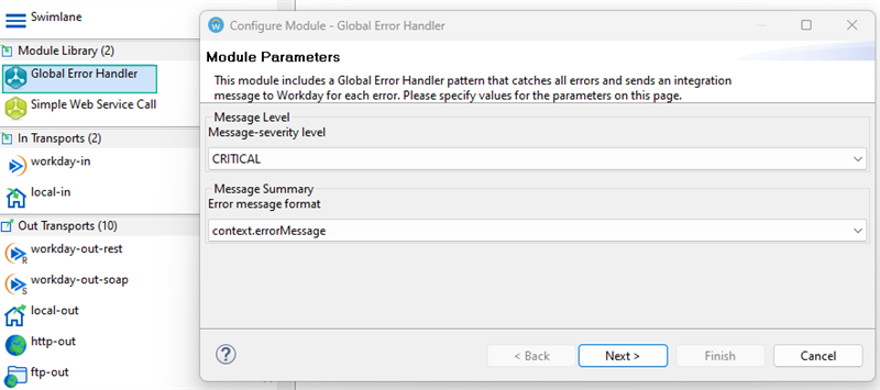 The Global Error Handler configuration window sets the severity level to CRITICAL and the error message format to context.errorMessage.