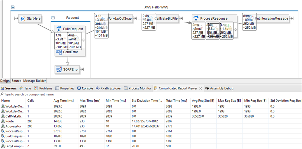 The Consolidated Report Viewer displays a detailed performance metrics table below a workflow canvas showing execution times and file sizes.